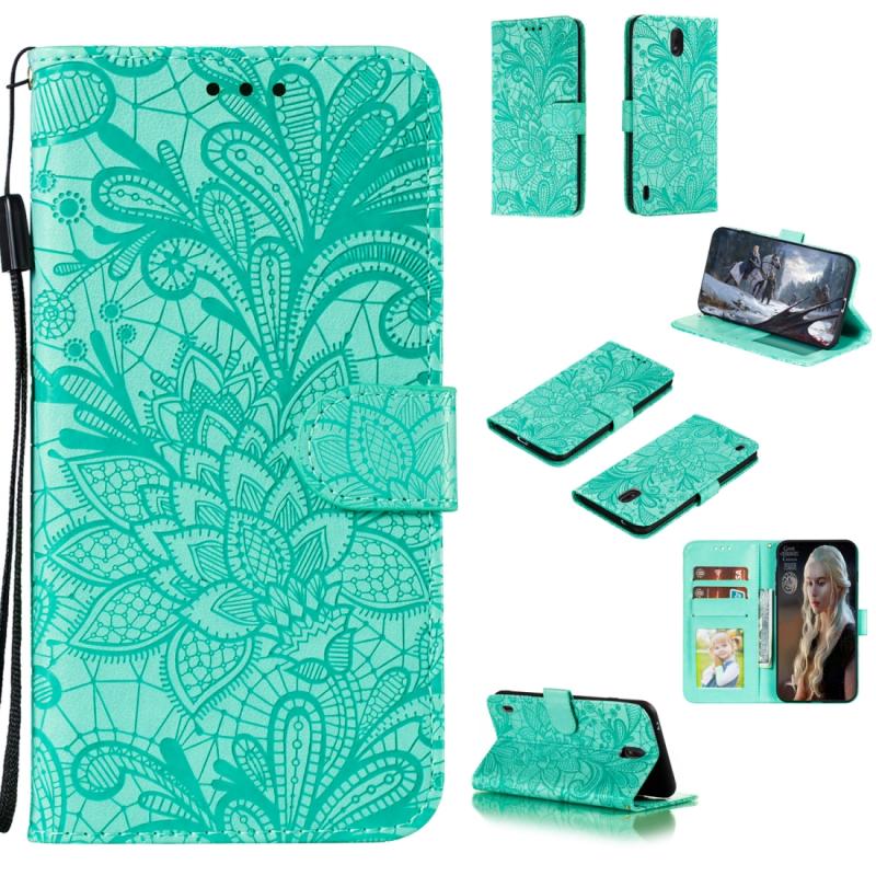 Voor Nokia C1 Kant bloem horizontale flip lederen kast met houder & kaartslots & portemonnee & fotolijst(groen)
