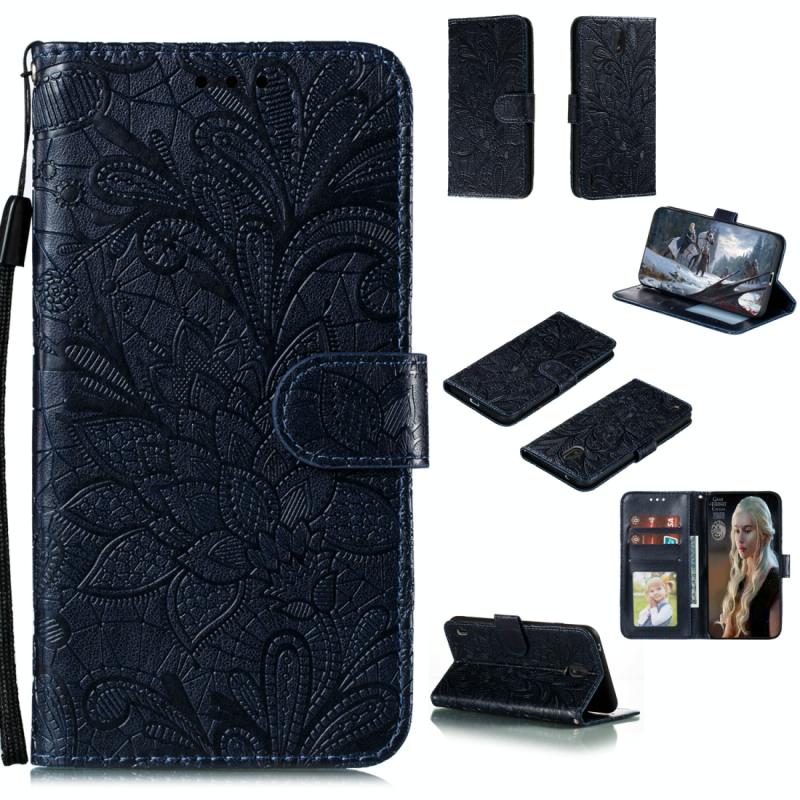 Voor Nokia C1 Kant bloem horizontale flip lederen kast met houder & kaartslots & portemonnee & fotolijst(donkerblauw)
