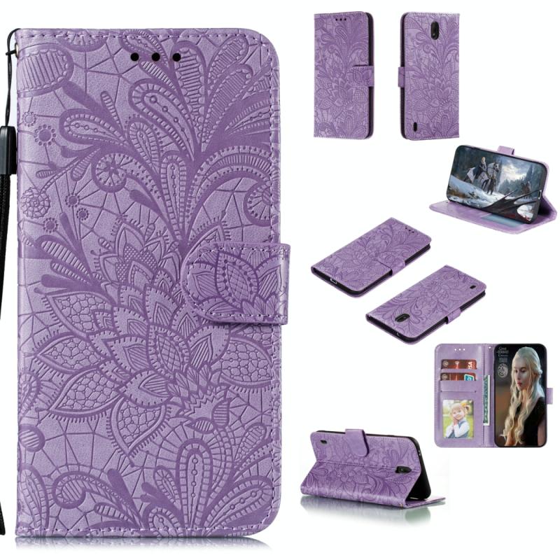 Voor Nokia C1 Kant bloem horizontale flip lederen kast met houder & kaartslots & portemonnee & fotolijst(paars)