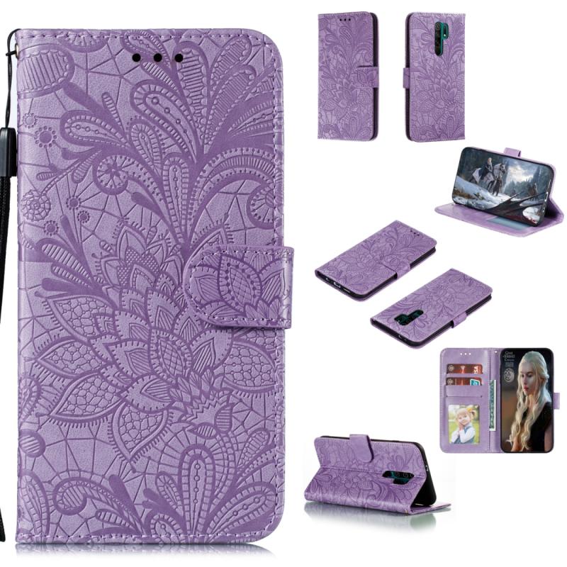 Voor Xiaomi Redmi 9 Lace Flower Horizontale Flip Lederen Case met Holder & Card Slots & Wallet & Photo Frame(Paars)