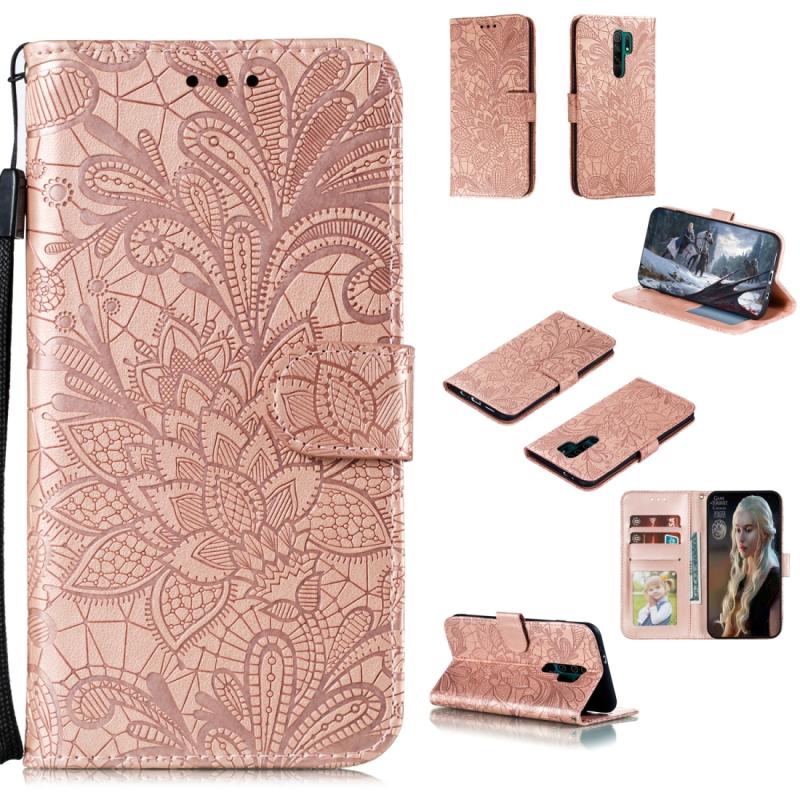 Voor Xiaomi Redmi 9 Lace Flower Horizontale Flip Lederen Case met Holder & Card Slots & Wallet & Photo Frame(Rose Gold)
