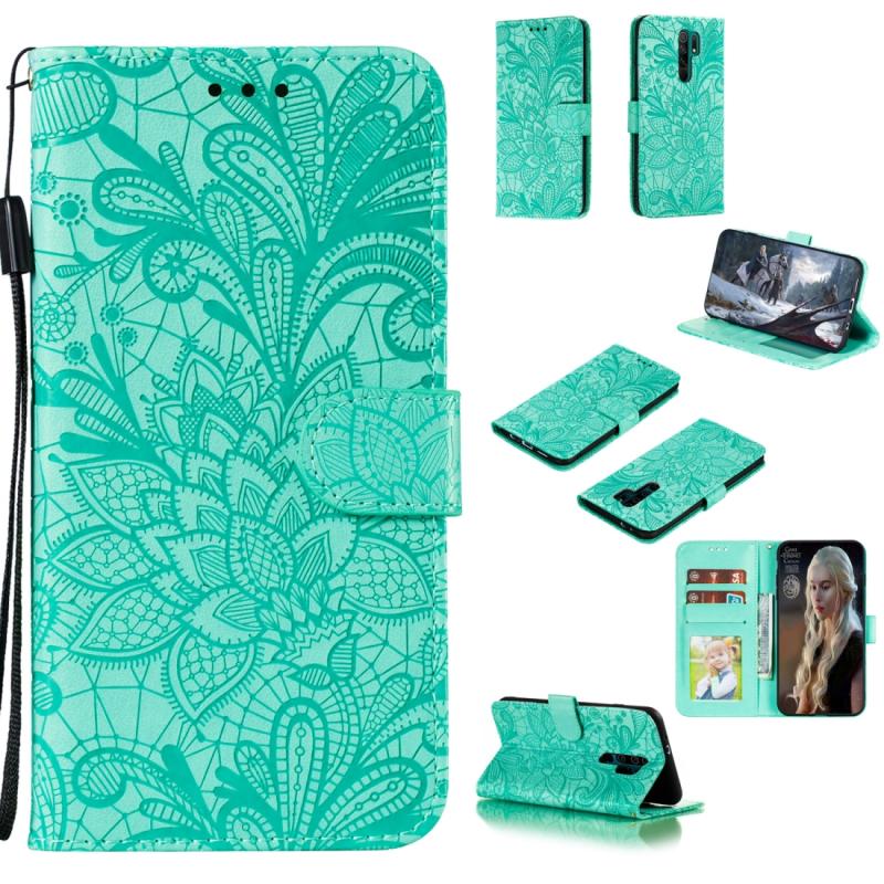 Voor Xiaomi Redmi 9 Lace Flower Horizontale Flip Lederen Case met Holder & Card Slots & Wallet & Photo Frame(Groen)
