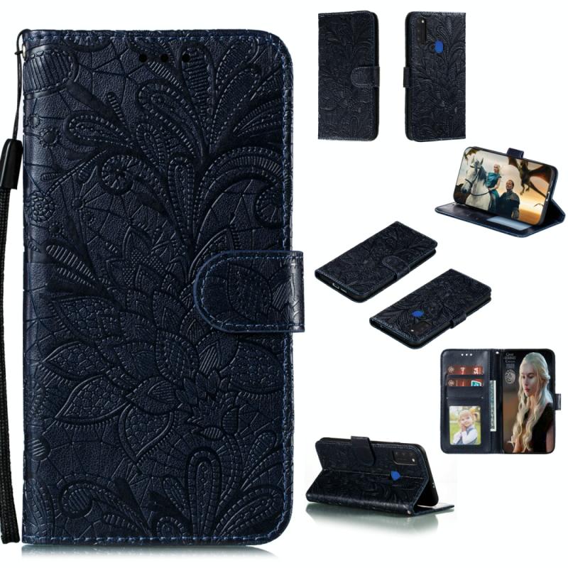 Voor Samsung Galaxy M51 Lace Flower Horizontale Flip Lederen case met Holder & Card Slots & Wallet & Photo Frame(Donkerblauw)