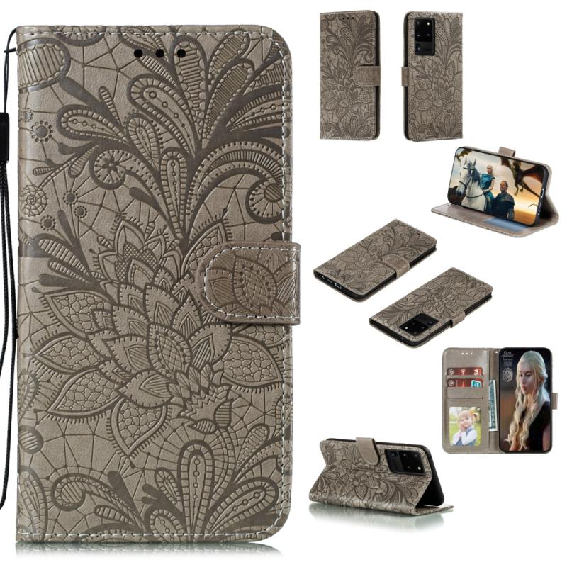 Voor Samsung Galaxy Note20 Ultra Lace Flower Horizontale Flip Lederen case met Holder & Card Slots & Wallet & Photo Frame(Grijs)