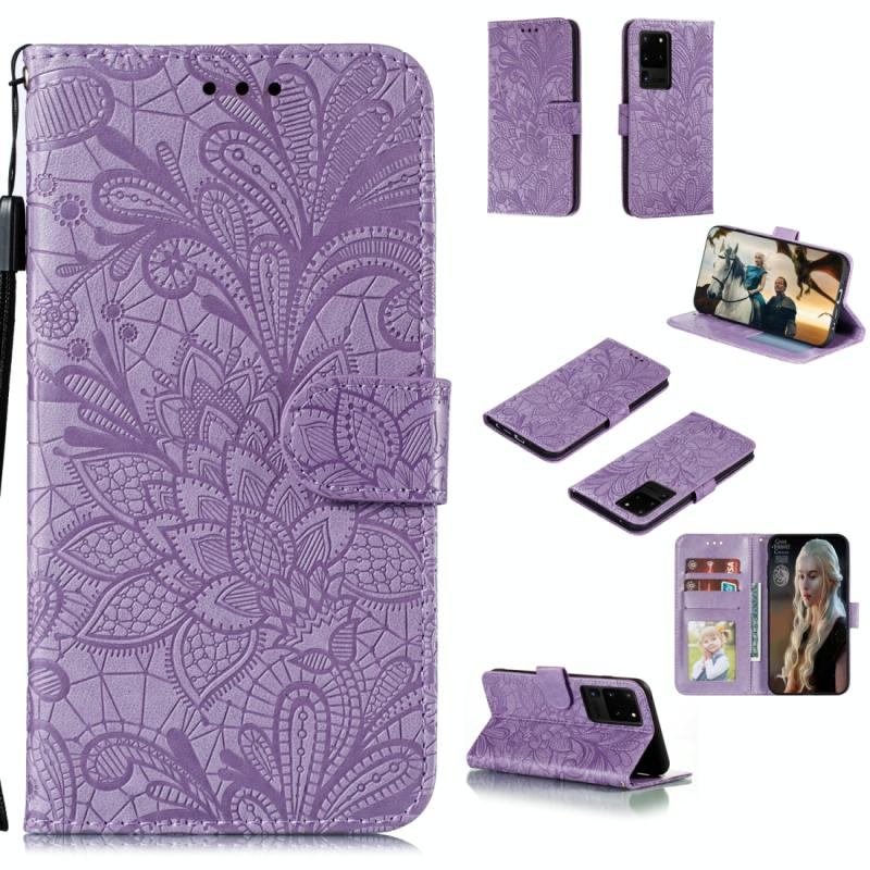Voor Samsung Galaxy Note20 Ultra Lace Flower Horizontale Flip Lederen case met Holder & Card Slots & Wallet & Photo Frame(Paars)