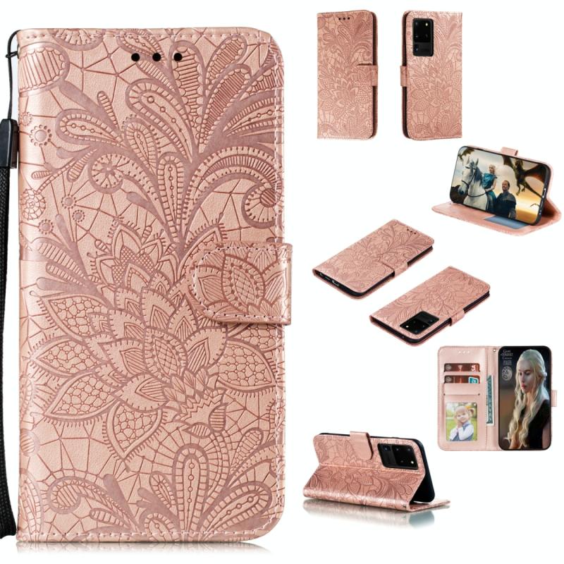 Voor Samsung Galaxy Note20 Ultra Lace Flower Horizontale Flip Lederen case met Holder & Card Slots & Wallet & Photo Frame(Rose Gold)