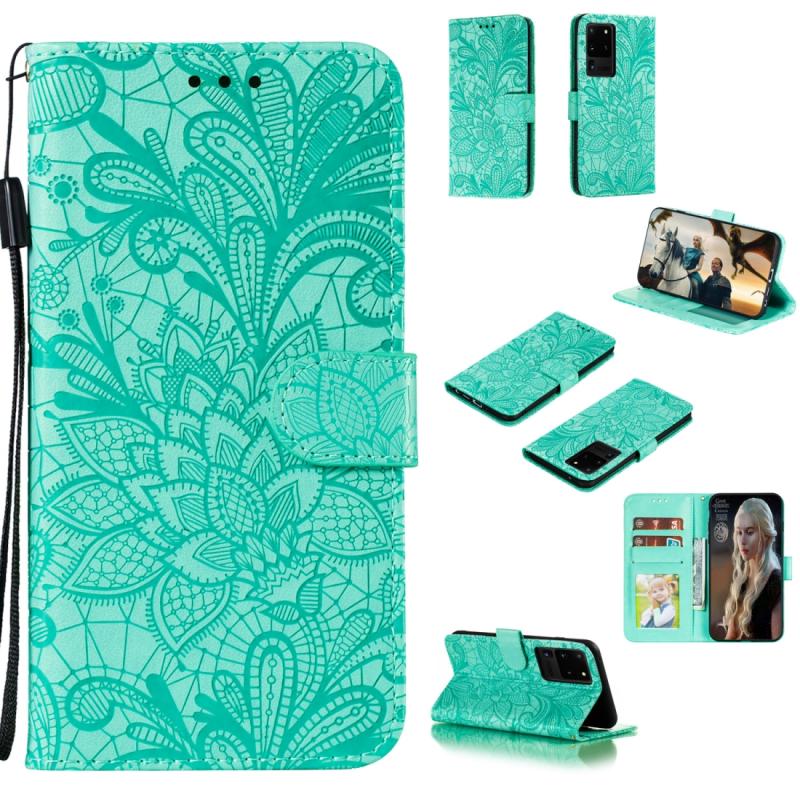 Voor Samsung Galaxy Note20 Ultra Lace Flower Horizontale Flip Lederen case met Holder & Card Slots & Wallet & Photo Frame(Groen)