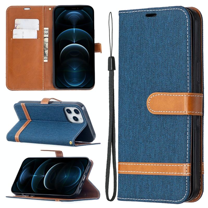 Voor iPhone 12 Pro Max Kleur Matching Denim Textuur Horizontale Flip Lederen case met Holder & Card Slots & Wallet & Lanyard(Donkerblauw)