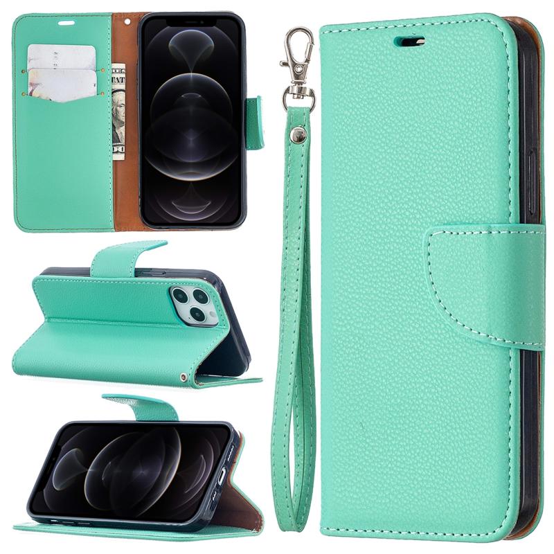 Voor iPhone 12 / 12 Pro Litchi Texture Pure Color Horizontale Flip Lederen case met Holder & Card Slots & Wallet & Lanyard(Groen)