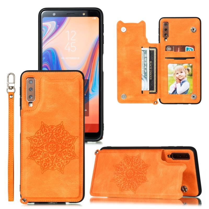 Voor Samsung Galaxy A7 (2018)/ A750 Mandala Embossed PU + TPU Case met Holder & Card Slots & Photo Frame & Strap(Geel)