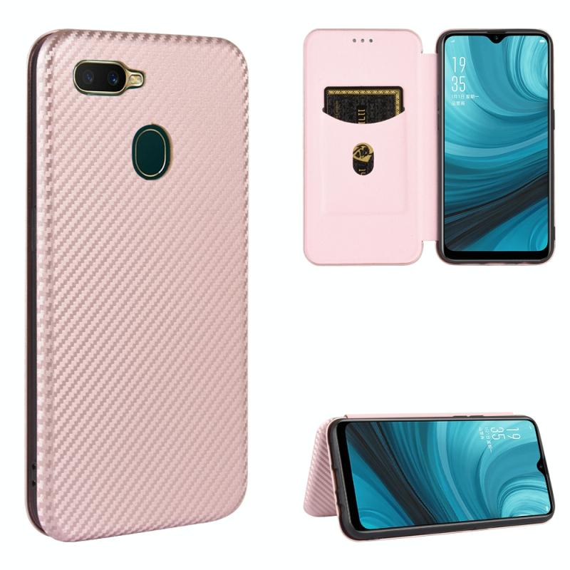 Voor OPPO A7(AX7) / A5s / AX5s / A12 Carbon Fiber Texture Magnetic Horizontal Flip TPU + PC + PU Leather Case met kaartsleuf(Roze)