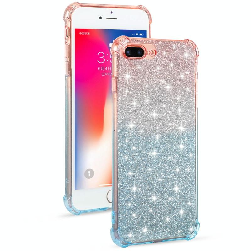 Voor iPhone 8 Plus / 7 Plus Gradient Glitter Powder Shockproof TPU Beschermhoes (Oranje Blauw)