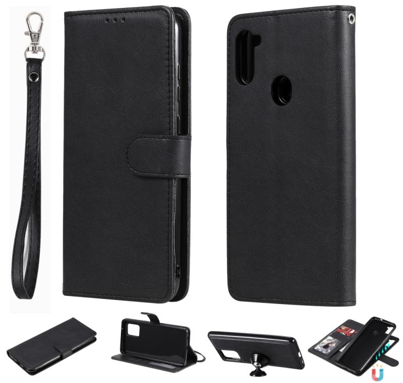 Voor Samsung Galaxy M11 / A11 2 in 1 Solid Color Afneembare PU Lederen case met kaartslots & magnetische houder & fotolijst & portemonnee & band(zwart