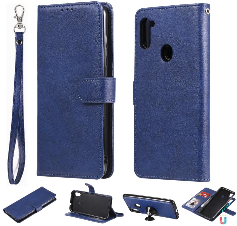 Voor Samsung Galaxy M11 / A11 2 in 1 Solid Color Afneembare PU Lederen case met kaartslots & magnetische houder & fotolijst & portemonnee & riem(blauw