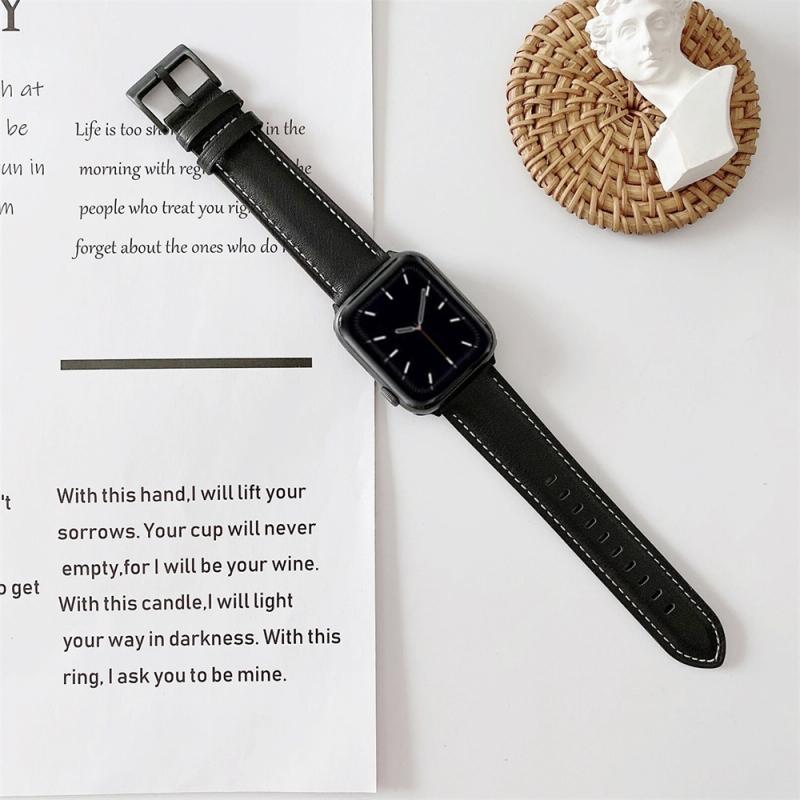 Voor Apple Watch 5 & 4 44mm / 3 & 2 & 1 42mm V Tail Style Stitching Lederen horloge Polsbandje(Zwart)
