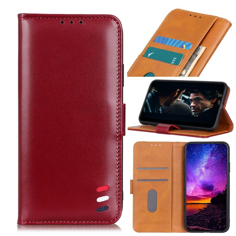 Voor Samsung Galaxy A10 / M10 3-kleuren Pearl Texture Magnetic Buckle Horizontale Flip PU Lederen case met kaartslots & portemonnee & houder(Wijn rood