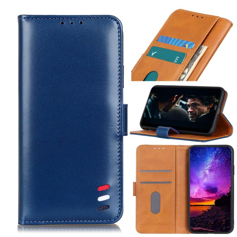 Voor Samsung Galaxy A11 3-kleuren Pearl Texture Magnetic Buckle Horizontale Flip PU Lederen case met kaartslots & portemonnee & houder(blauw)