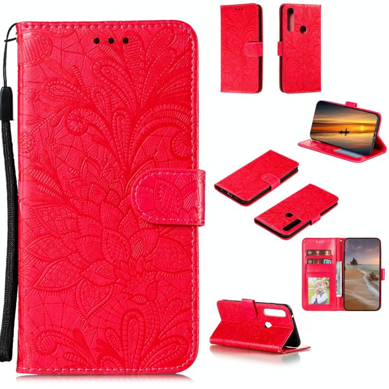 Voor Motorola Moto G Power Lace Flower Horizontale Flip Lederen case met Holder & Card Slots & Wallet & Photo Frame(Red)
