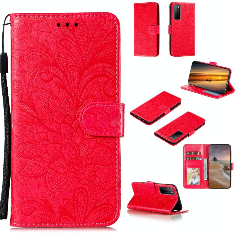 Voor Huawei Honor Play 4 / Maimang 9 / Mate 40 Lite Lace Flower Horizontale Flip Lederen case met Holder & Card Slots & Wallet & Photo Frame(Red)