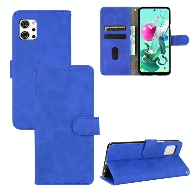 Voor LG Q92 5G Solid Color Skin Feel Magnetic Buckle Horizontal Flip Calf Texture PU Leather Case met Holder & Card Slots & Wallet(Blue)