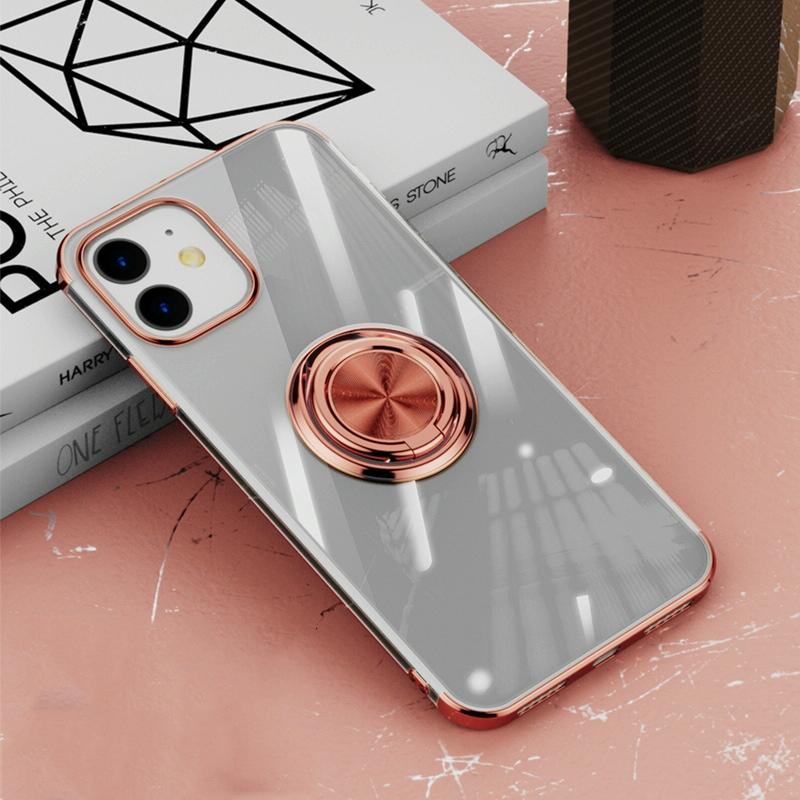 All-inclusive Electroplating Siliconen case met ringhouder voor iPhone 12 / 12 Pro(Rose Gold)