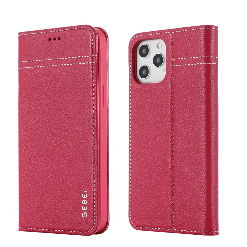 GEBEI Top-grain Leather Horizontale Flip Beschermhoes met houder & kaartslots voor iPhone 12 Pro Max(Rose Red)