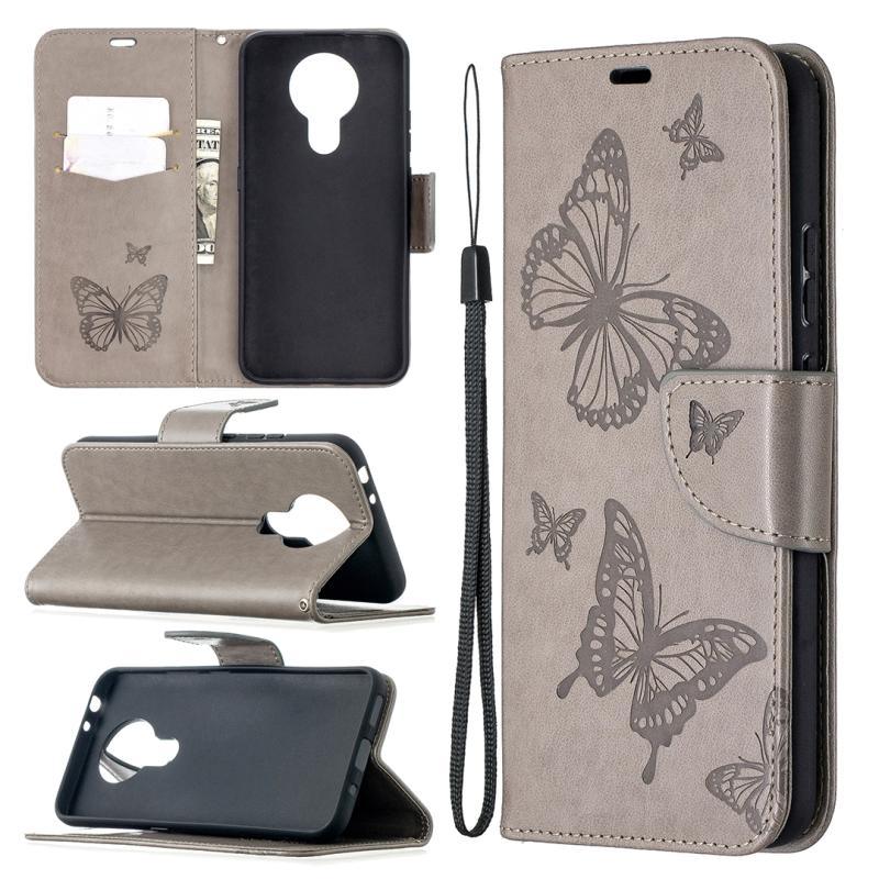 Voor Nokia 3.4 Two Butterflies Embossing Pattern Horizontal Flip Leather Case met Holder & Card Slot & Wallet & Lanyard(Grey)