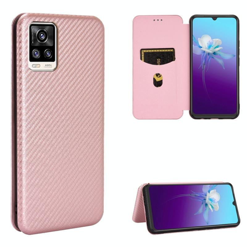 Voor vivo V20 4G (Indiase versie) Carbon Fiber Texture Magnetic Horizontal Flip TPU + PC + PU Leather Case met kaartsleuf (roze)