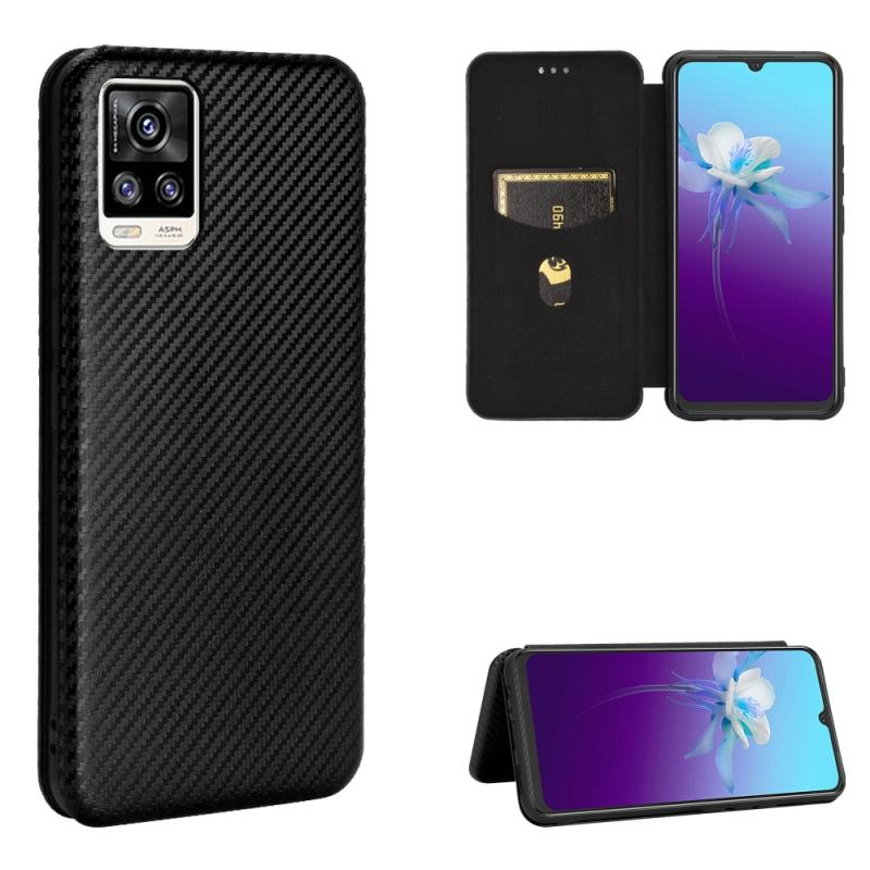 Voor vivo V20 4G (Indiase versie) Koolstofvezel textuur Magnetische horizontale flip TPU + PC + PU lederen hoes met kaartsleuf(zwart)