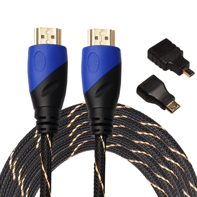 5m HDMI 1.4 Version 1080P Woven Net Line Blue Black Head HDMI Male to HDMI Male Audio Video Connector Adapter Cable with Mini HDMI & Micro HDMI Adapte