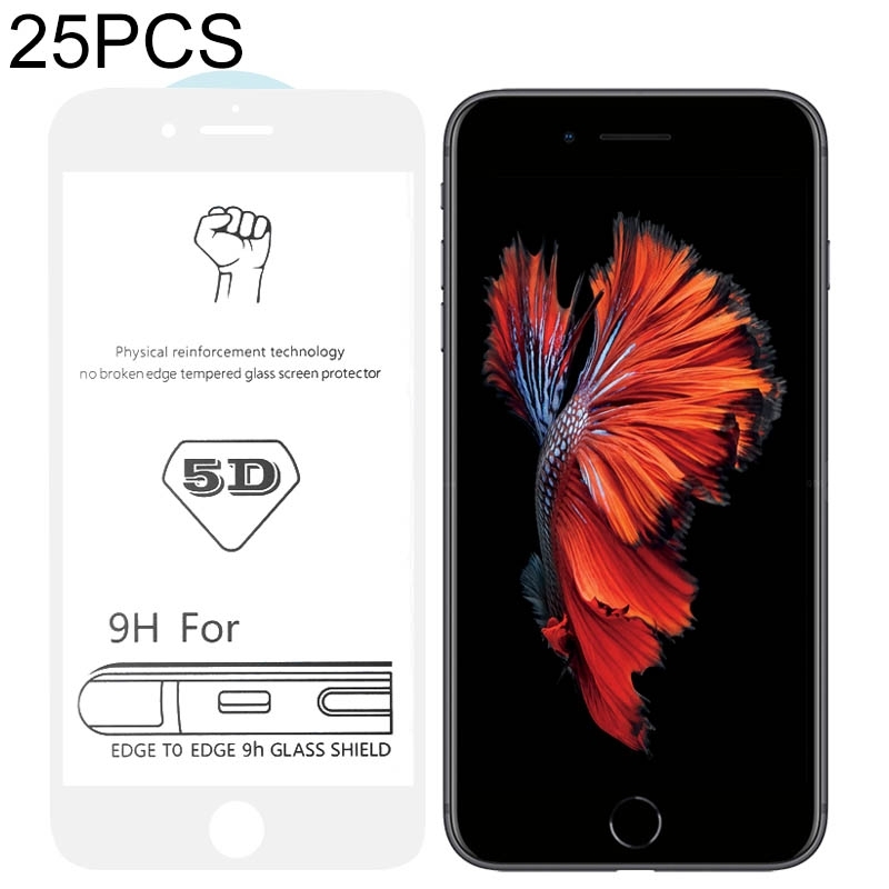 25 stuks 9H 5D witte volledige lijm volledig scherm gehard glas film voor iPhone 6/6s