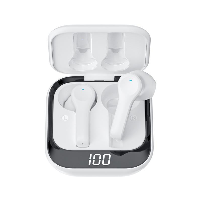K08 draadloze Bluetooth 5.0 noise cancelling stereo binaurale oortelefoon met oplaaddoos en LED digitale display (wit)
