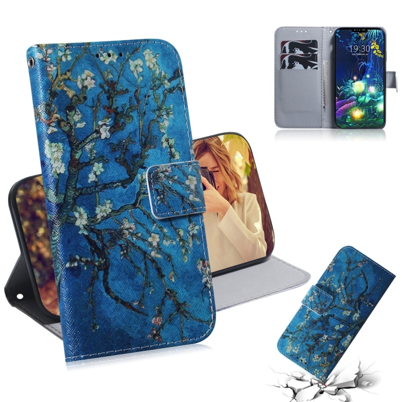 Abrikoos bloem patroon gekleurde tekening horizontale Flip lederen case voor LG V50 ThinQ 5G met houder & kaartsleuven & portemonnee