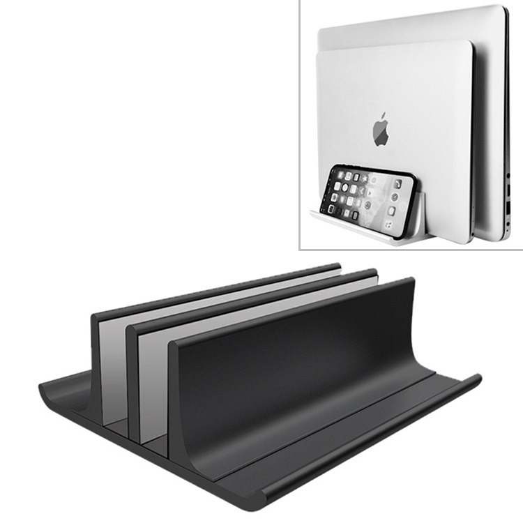 Universele draagbare aluminiumlegering dubbele sleuf laptop verticale opslag stand (zwart)