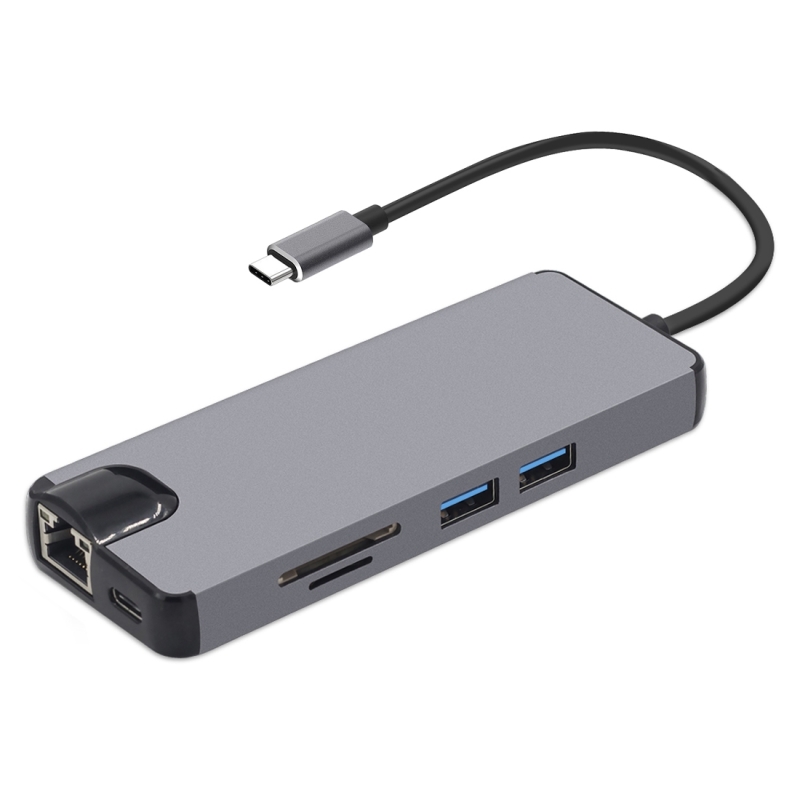 8 in 1 type-C naar HDMI + USB 3 0 + USB 3 0 + type-C + LAN + VGA + TF/SD-kaartlezer adapter (grijs)