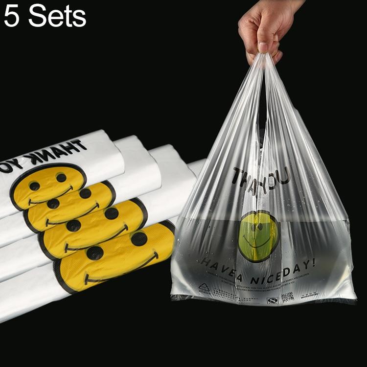 5 sets 3C transparante smiley plastic zak boodschappentas verpakkingstas (100 stuks / set) afmeting: 15x28cm