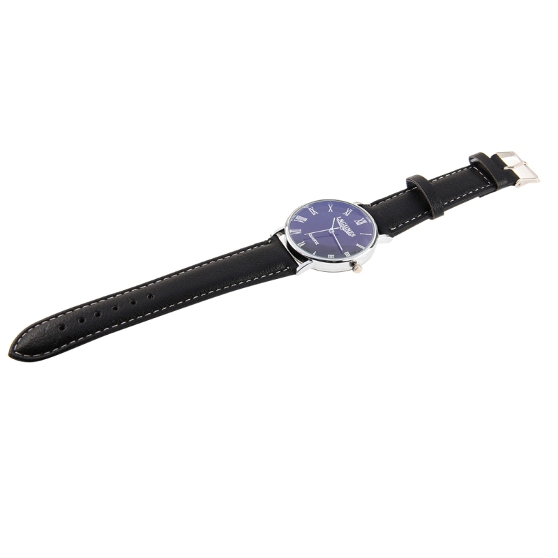 Lichtgevende ronde wijzerplaat Retro digitaal Display mannen Quartz horloge met PU lederen Band (zwart + blauw)