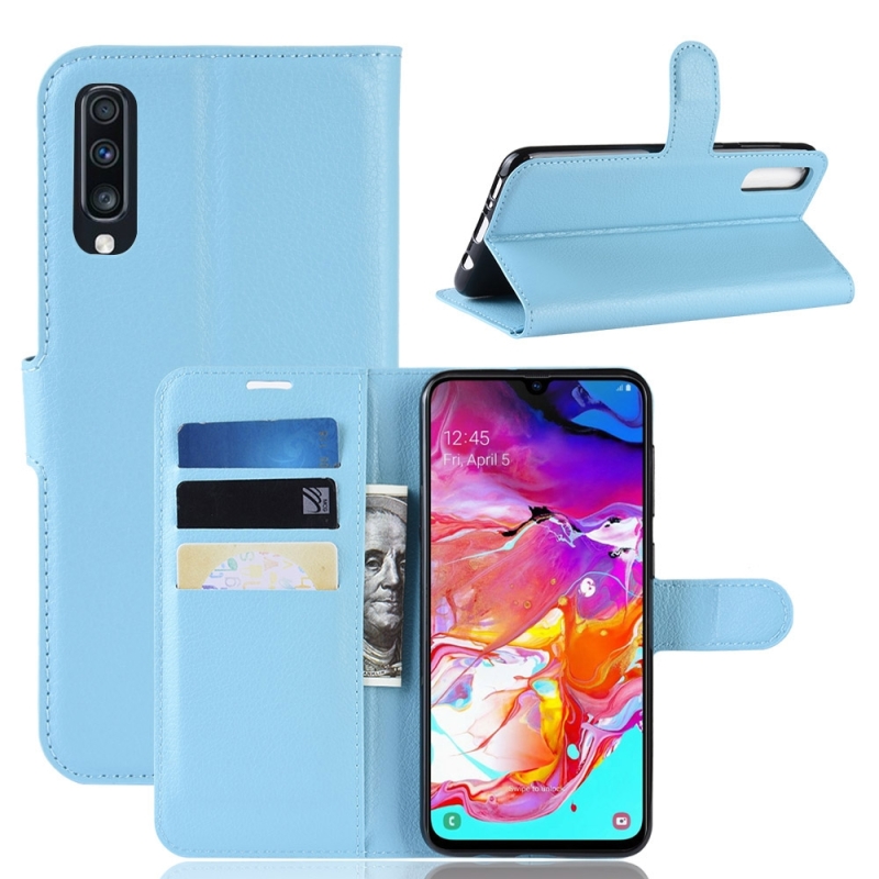 Litchi textuur horizontale Flip lederen case voor Galaxy A70 met portemonnee & houder & kaartsleuven (blauw)