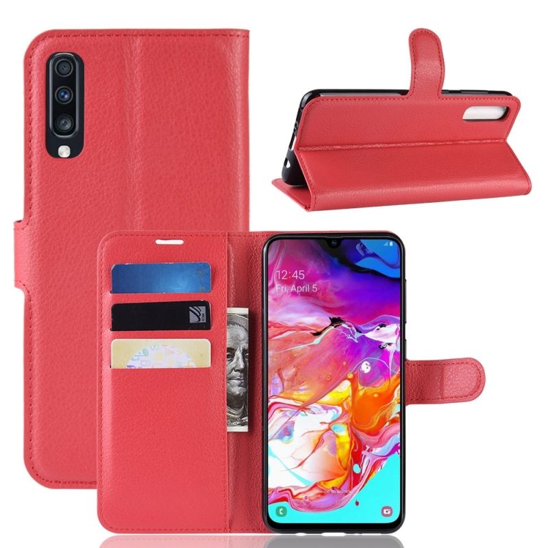 Litchi textuur horizontale Flip lederen case voor Galaxy A70 met portemonnee & houder & kaartsleuven (rood)