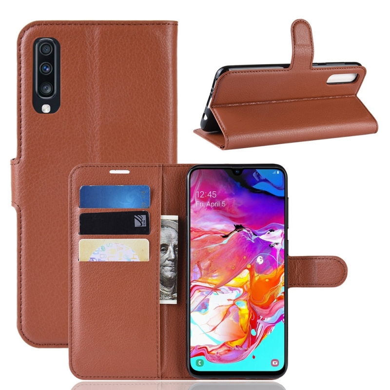 Litchi textuur horizontale Flip lederen case voor Galaxy A70 met portemonnee & houder & kaartsleuven (bruin)