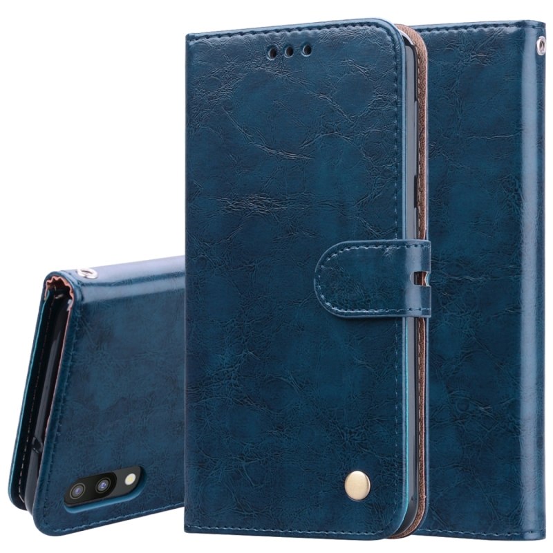 Business stijl olie Wax textuur horizontale Flip lederen case voor Galaxy M10 met houder & kaartsleuven & portemonnee (blauw)