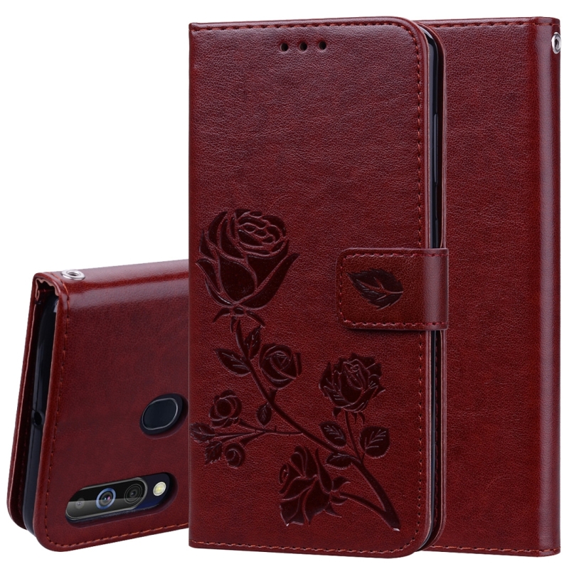Rose reliëf horizontale Flip PU lederen case voor Galaxy A60 met houder & kaartsleuven & portemonnee (bruin)