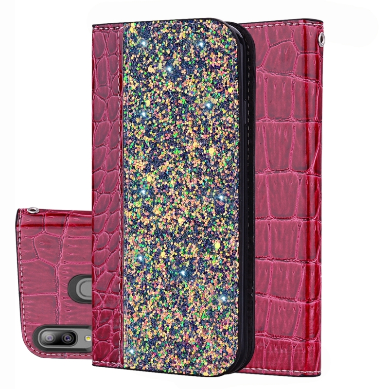 Krokodil textuur glitter poeder horizontale Flip lederen case voor Galaxy A20E met kaartsleuven & houder (rood)