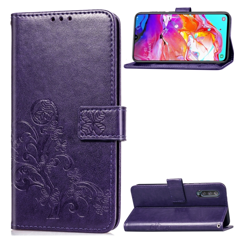 Lucky Clover ingedrukt bloemen patroon lederen case voor Galaxy A70 met houder & kaartsleuven & portemonnee & hand strap (paars)