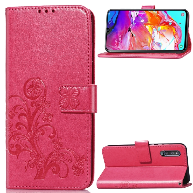 Lucky Clover ingedrukt bloemen patroon lederen case voor Galaxy A70 met houder & kaartsleuven & portemonnee & hand strap (Rose rood)