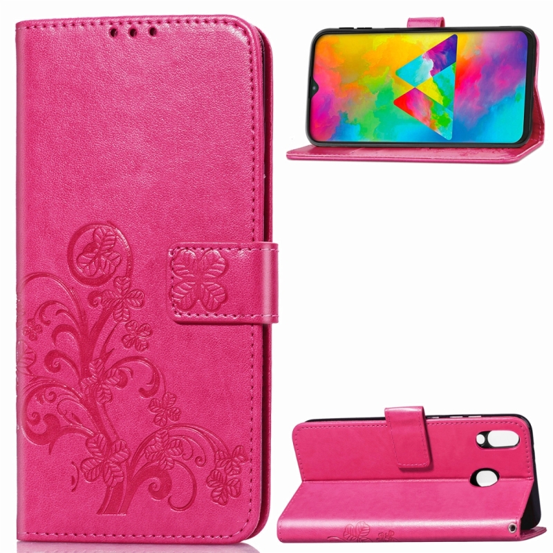 Lucky Clover ingedrukt bloemen patroon lederen draagtas voor Galaxy M20 met houder & kaartsleuven & portemonnee & hand strap (Rose rood)