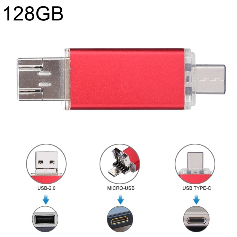 128GB 3 in 1 USB-C/type-C + USB 2 0 + OTG Flash Disk voor type-C smartphones & PC computer (rood)