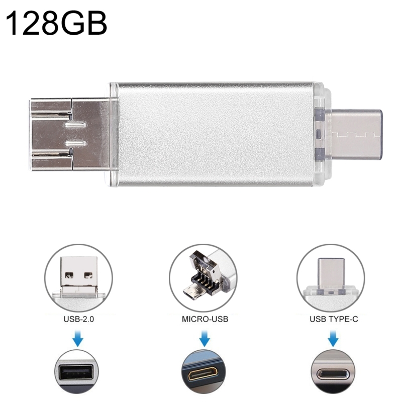 128GB 3 in 1 USB-C/type-C + USB 2 0 + OTG Flash Disk voor type-C smartphones & PC computer (zilver)