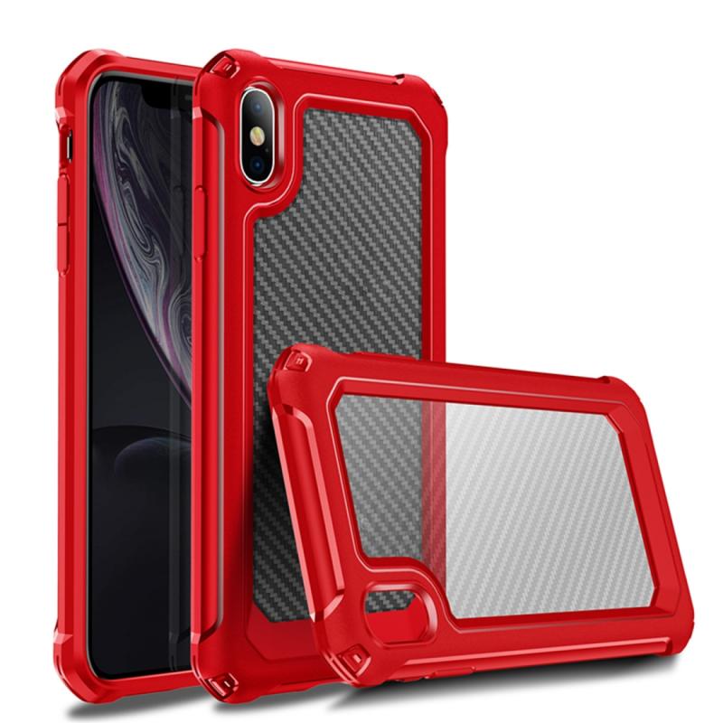 Voor iPhone XR Transparante koolstofvezelstructuur Robuuste Full Body TPU+PC Krasbestendige schokbestendige behuizing(Rood)
