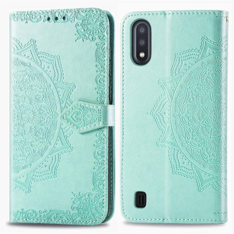 Voor Samsung Galaxy M01 Halverwege Mandala Reliëf Patroon Horizontaal Flip Lederen Hoesje met Holder & Card Slots & Wallet & Lanyard(Groen)